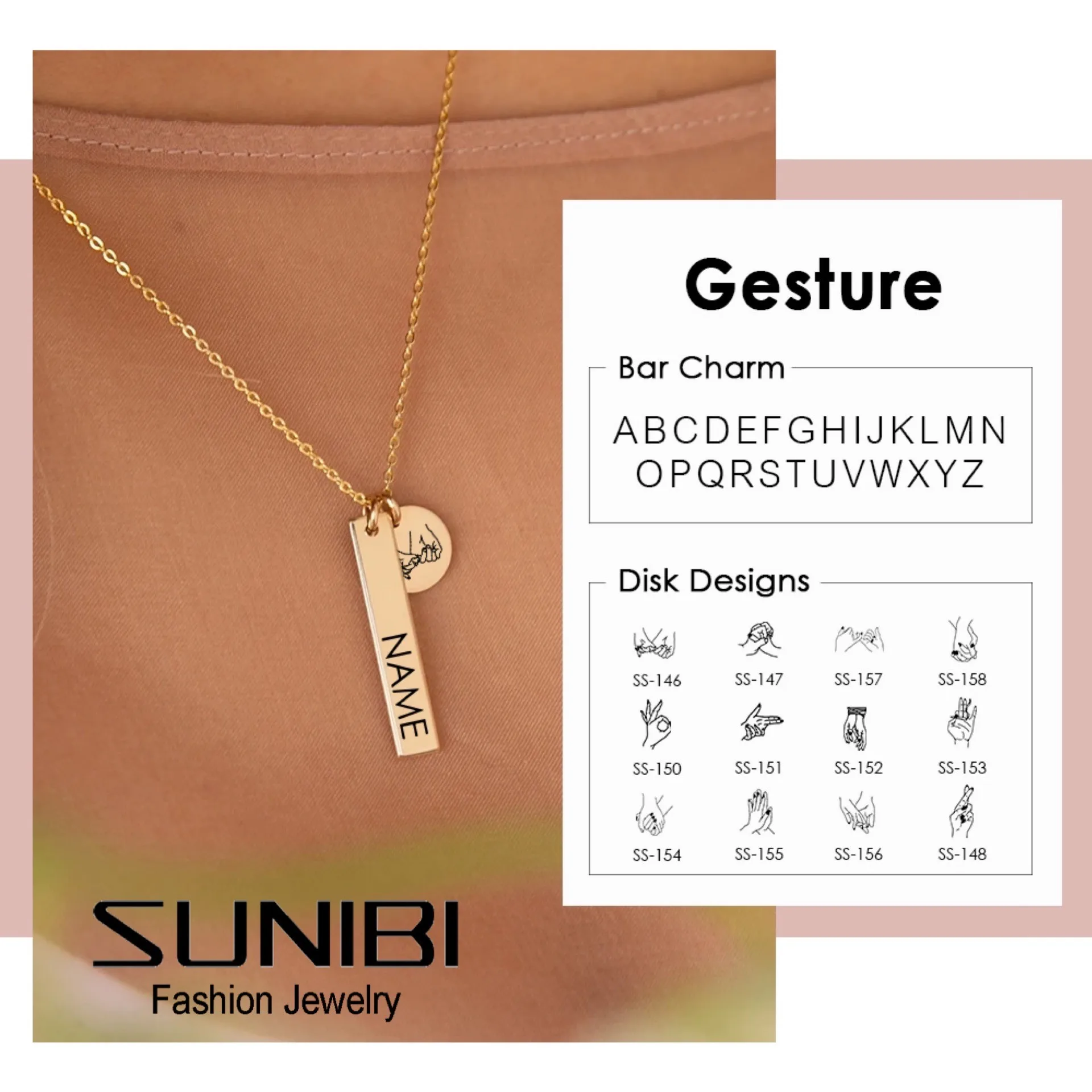 

SUNIBI Lover Custom Necklace For Girls Name Bar Pendant Gold 316L Stainless Steel Chain Gestures Necklace BFF Jewelry Women Gift
