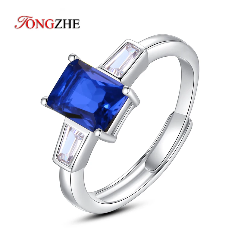 

TONGZHE Open Rectangle Ring 925 Sterling Silver Luxury Sapphire Gemstone for Women Silver Jewerly Engagement Girl Gift