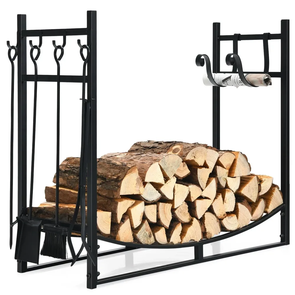 

36'' Fireplace Log Rack W/ 4 Tool Set Kindling Holders for Indoor Outdoor Heavy Duty Widened Metal Wooden Frame