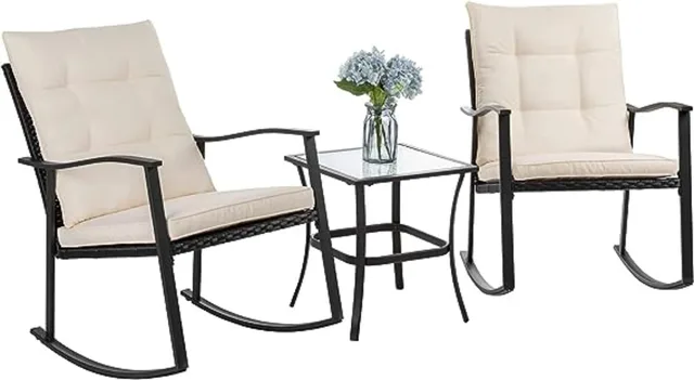 Shintenchi 3 Piece Rocking Bistro Set, Outdoor Furniture with Rocker Chairs and Glass Coffee Table Set of 3,Beige Cushion 1