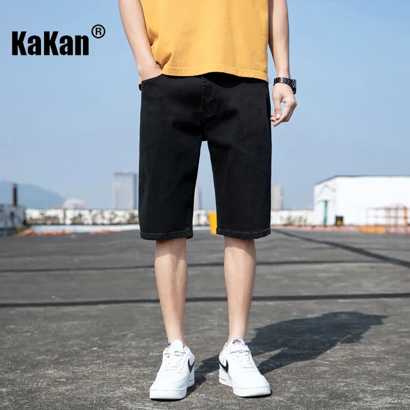 Kakan - European and American Summer New Loose Straight Leg Jeans Men's Wear, Solid Black Quarter Midrange Jeans K020-213