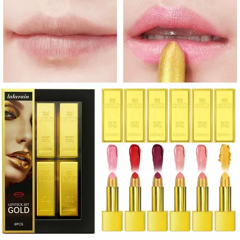 

Gold Lipstick Set 6-Color Waterproof Non-stick Cup Matte Lip Gloss Long-Lasting High-Pigmented Color Lip Stain Professional