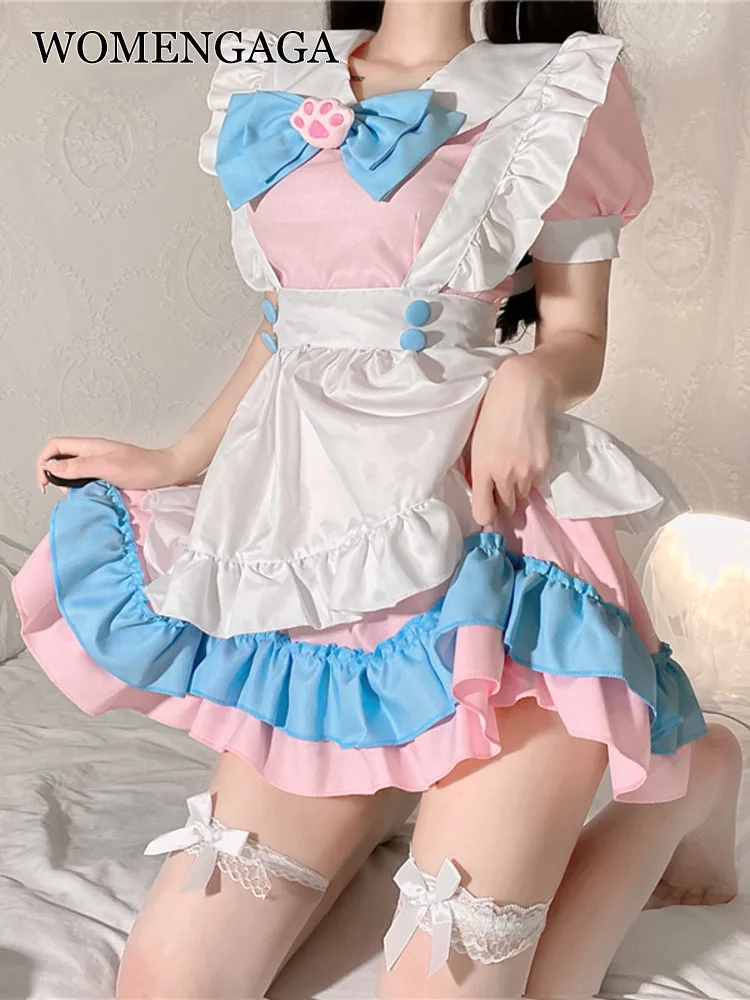 

WOMENGAGA cosplay Maid mini Dress Blue Pink Dresses Lolita maid meow claw Uniform suit loli cute 2022 summer korean sweet X8OV