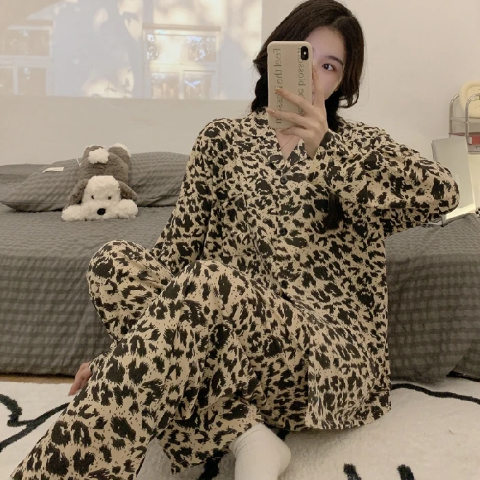 

New Arrivals Leopard Sleepwear Top Lapel Women Clothes Spring Autumn Long Sleeve Leisure Women Pajamas Set Pant Pyjamas Sets