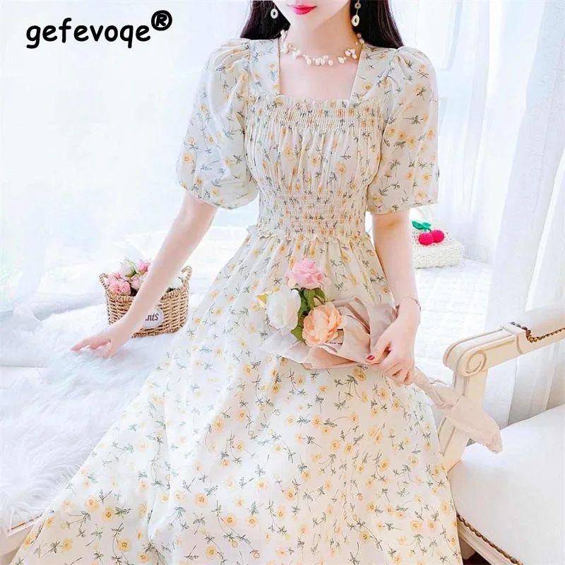 2022 Summer French Vintage Floral Princess Midi Dress Square Collar Puff Sleeve Elegant Sweet Robes Beach Korean Womens Clothing