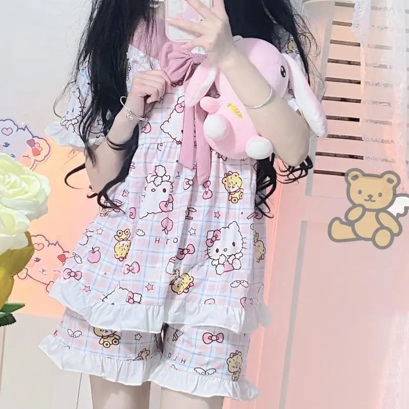 

Sanrio Hello Kitty Pajamas Lolita Ms. Summer Leisure Thin Short Sleeve Loungewear 2 Piece Set Pajamas Set Girl Plush Toy Gift
