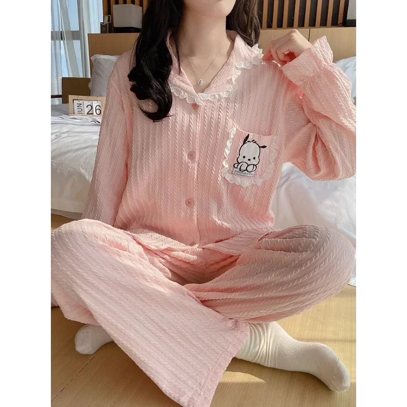 Sanrio Pacha Dog осенние хлопковые брюки с длинными рукавами удобные женские пижамы