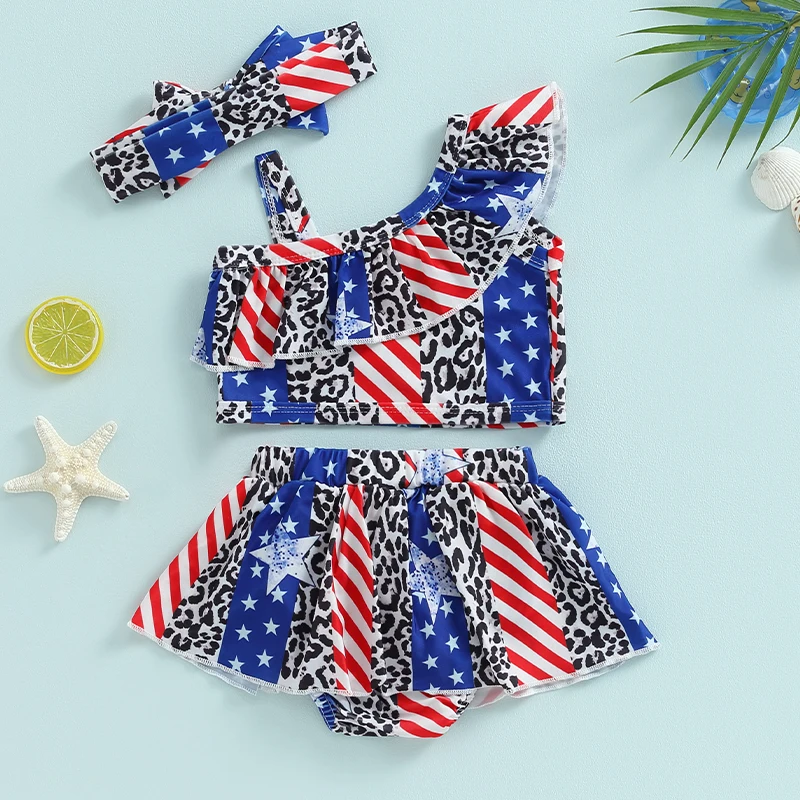 4th of July Baby Swimsuit Toddler Girls 2 Pieces Bikini Star Stripe Print Oblique Shoulder Ruffles Tops Shorts Bathing Suit
