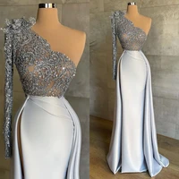 2022 elegant mermaid evening dresses lace sequined transparent top womens prom gowns side split party dress for weddings