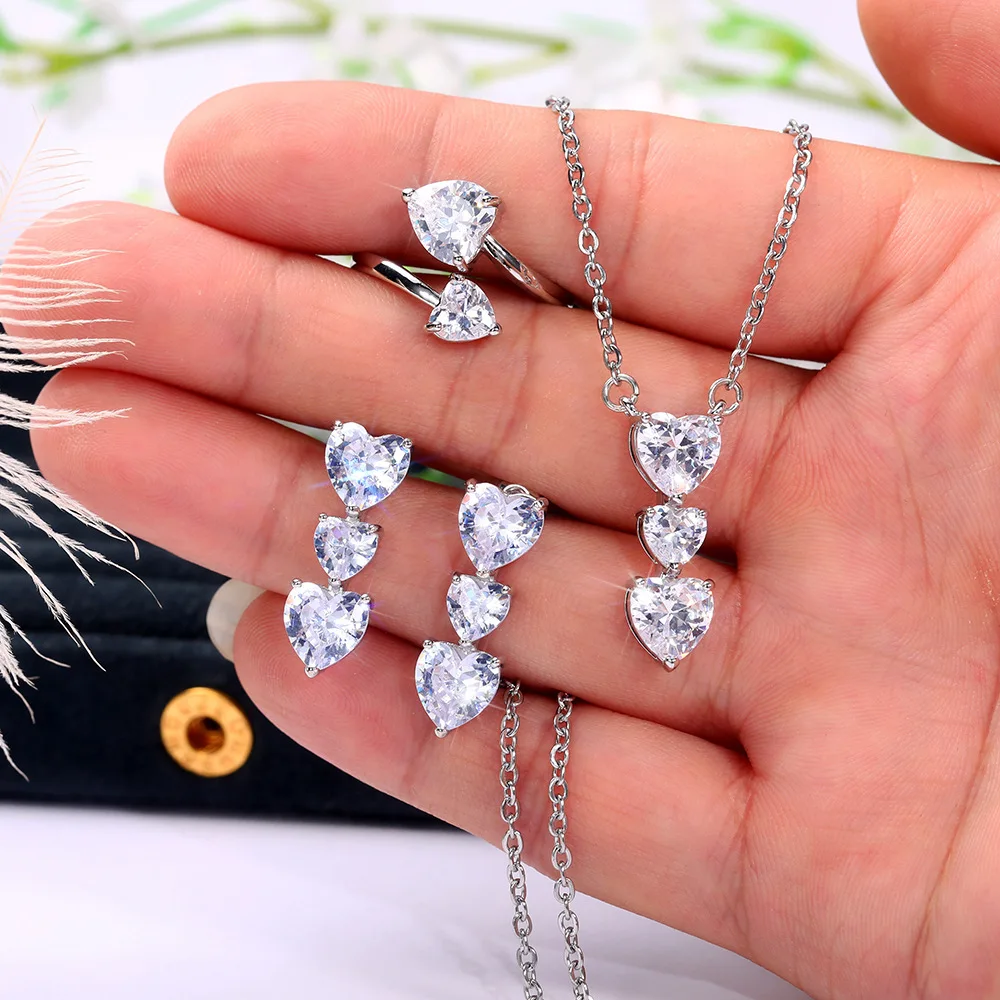 

3pcs/set Trendy Heart Silver Color Bride Jewelry Sets for Women Anniversary Gift Jewelry Accessories Wholesale 2022 New