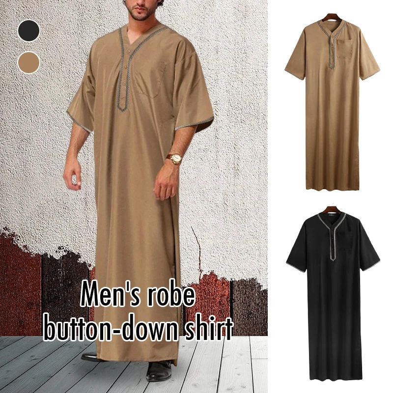 Men Muslim Kaftan Long Thobe Islamic Arab Vintage Long Sleeve Thobe Robe Loose Dubai Saudi Arab Kaftan Men Buttoned Shirt S-5XL