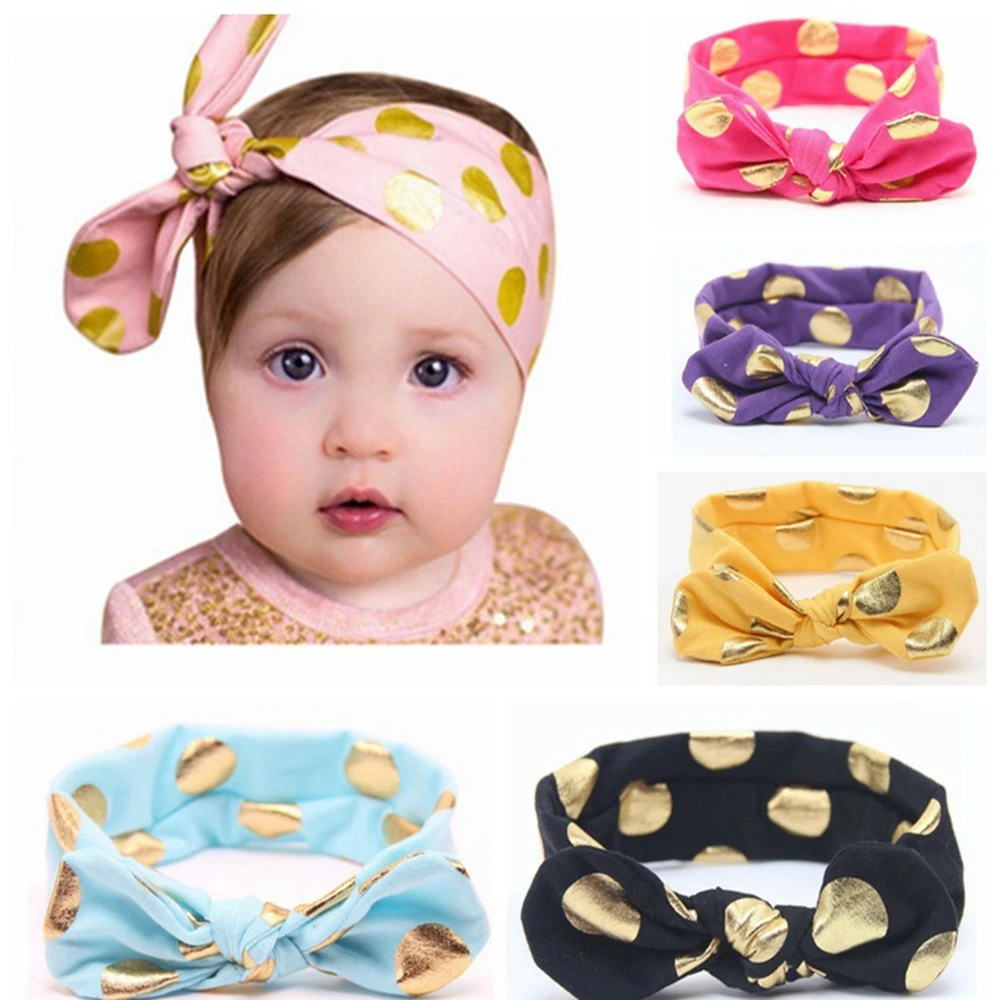 

Cute 1PCS Stretchy Soft Baby Round Gold Dot Ear Bows Knot Headband Handmade Shining Kids Headwraps Hair Accessories Photo Props