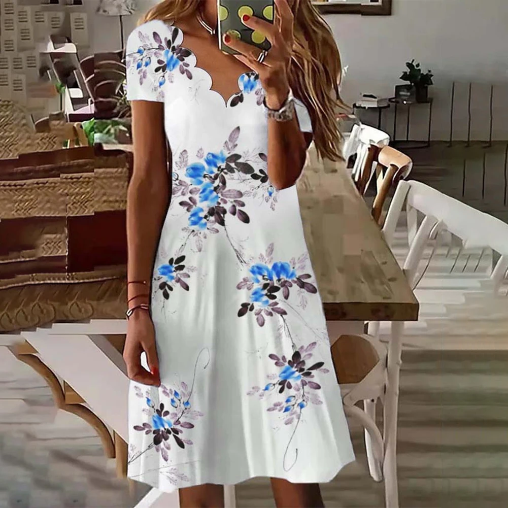

Women Summer Wave Neck Short Sleeve Flower Print Casual Knee A Line Dress