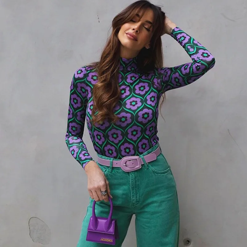 

Long Sleeve Floral Print T-shirts Women 2022 Spring Summer Vintage Casual 90s Y2K Tops Sexy Fashion Slim Fit Turtleneck
