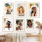 Абстрактная черная девушка Луна листья иллюстрация стены искусства холст картина скандинавские плакаты принты настенные картинки для декора гостиной