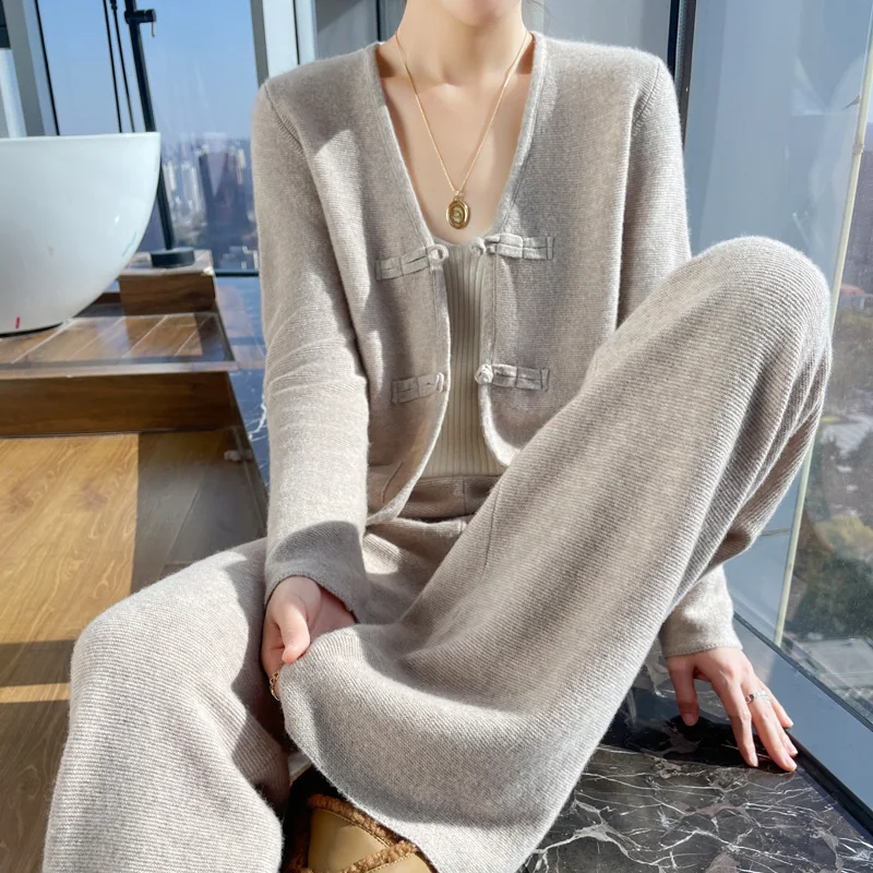 Комплект из двух предметов кардиган чистой шерсти в китайском стиле женские