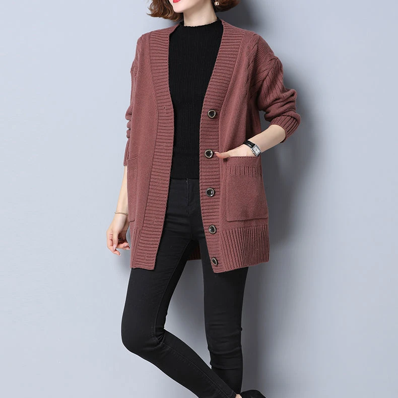 

2023 New Fashion Women Fashion Solid Color Sweater Long Sleeve Single Breasted V-collar Knitting Cardigans with Pockets T165