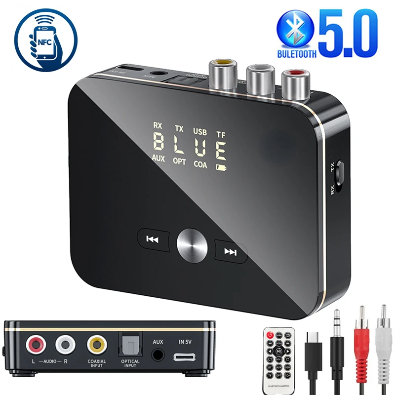 

Bluetooth Receiver Transmitter 5.0 NFC Stereo 3.5mm AUX Jack RCA Optical Wireless Audio Adapter Mic IR Remote Control For TV