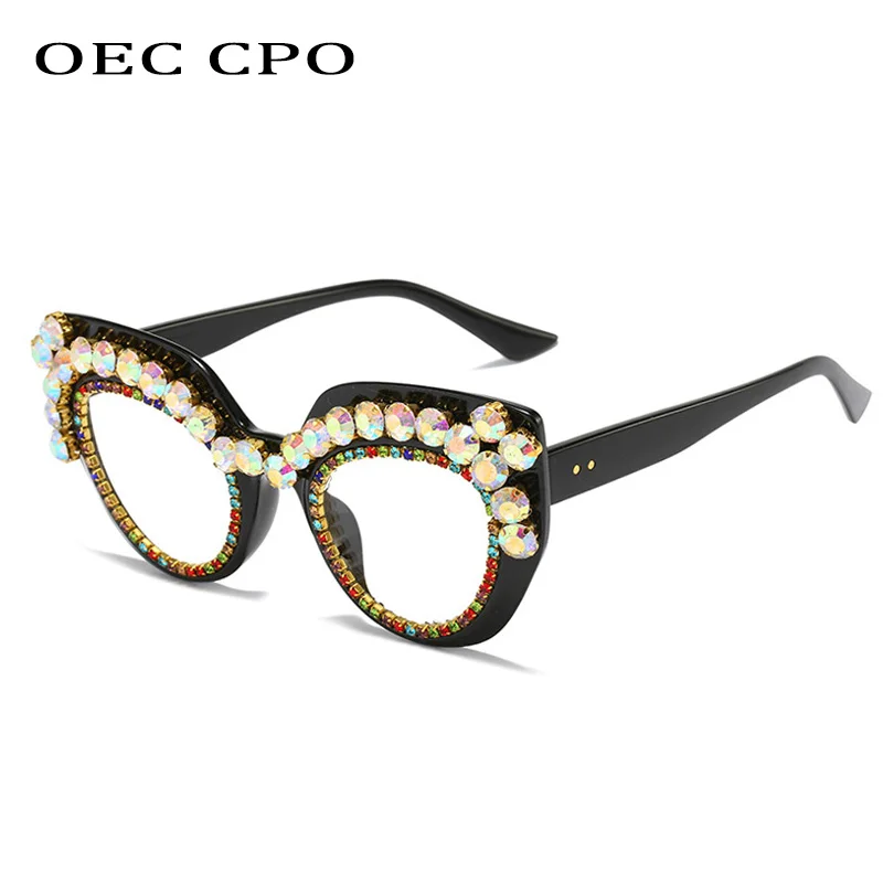 

OEC CPO Vintage Clear Glasses Women Fashion Diamond Cat Eye Eyeglasses Trendy Shades Rhinestone Eyewear Frame Rivet Sunglass