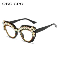 oec cpo vintage clear glasses women fashion diamond cat eye eyeglasses trendy shades rhinestone eyewear frame rivet sunglass