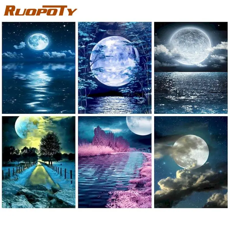 

RUOPOTY Digital painting moonlight night scene canvas hand-painted landscape painting DIY digital painting moon home decoration