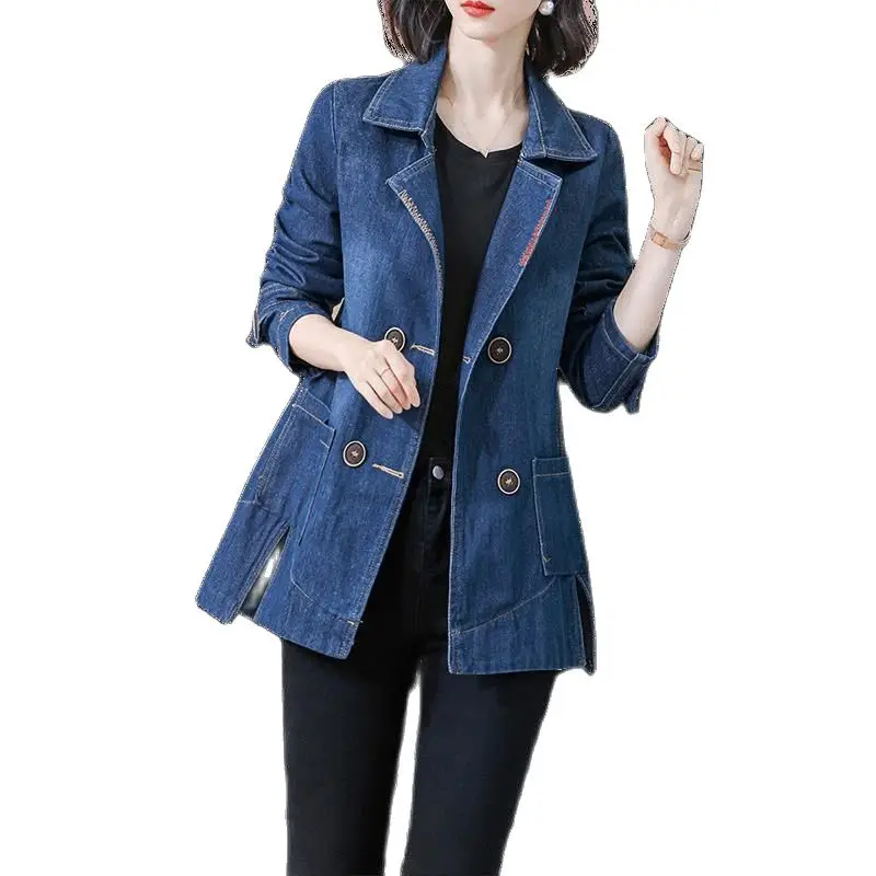 

2023 Spring Autumn Women New Korean Loose cowboy Jacket Female With Long Sleeves And Split Embroider Mid-length Denim Coat