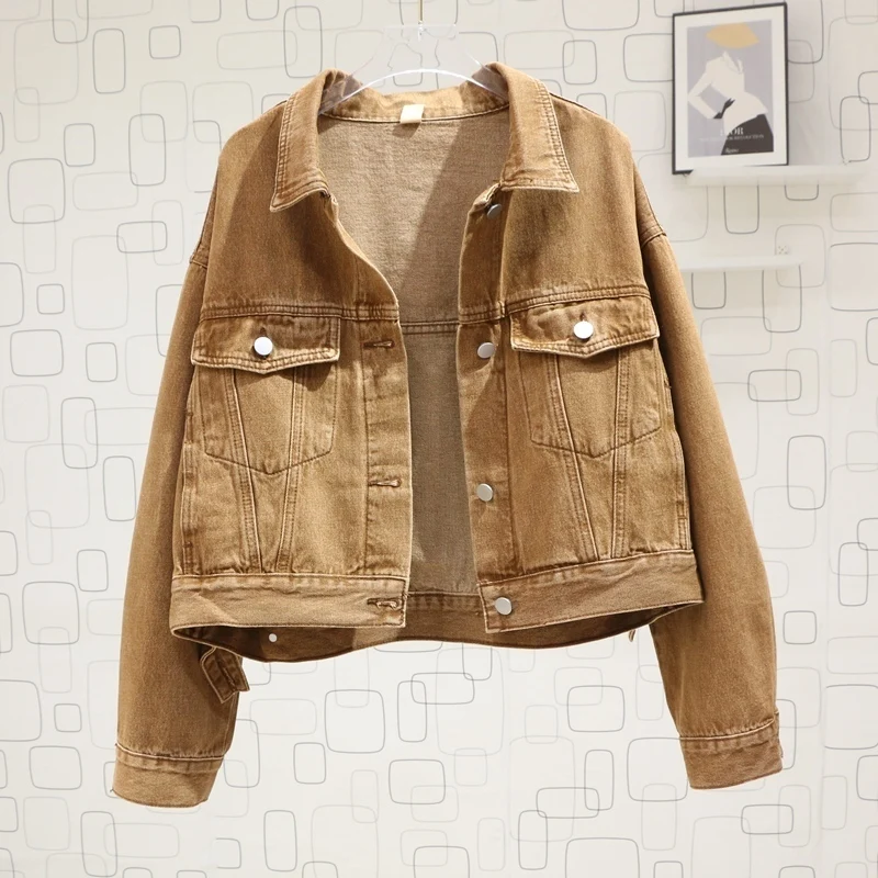 Весенняя винтажная стираная коричневая короткая джинсовая куртка женская