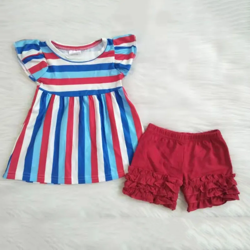 

newborn infant toddler kids baby outfit flutter sleeve blue stripe t shirt top and red shorts summer cotton outfit baby clothes