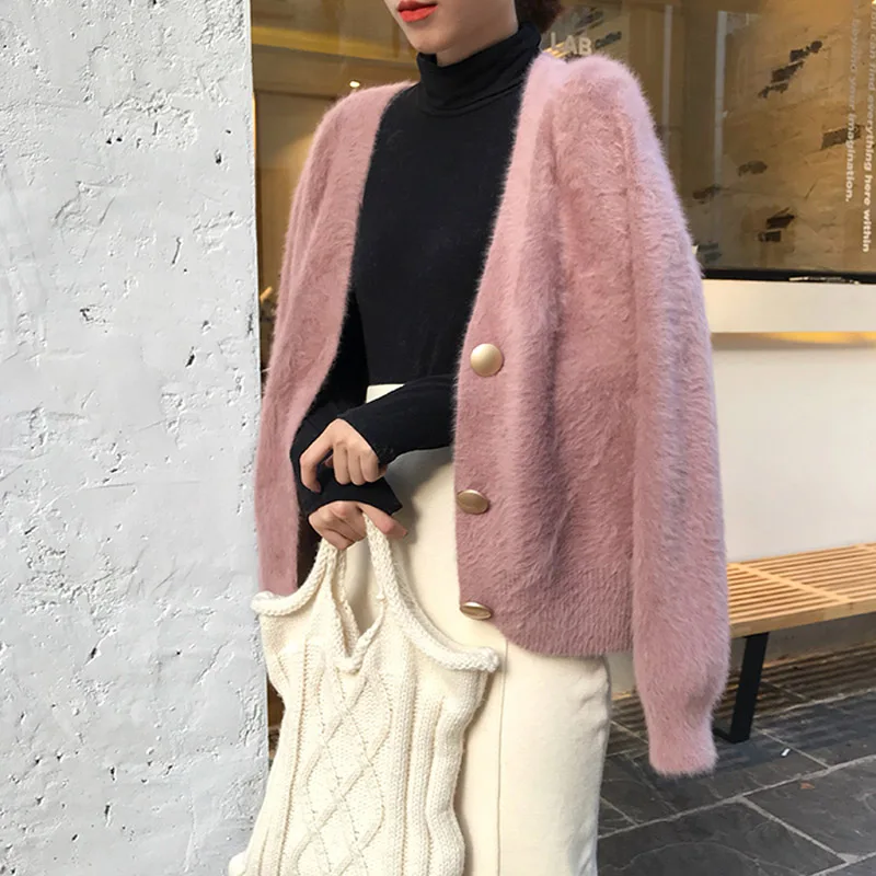 Teddy Jacket Coat Elegant Loose Women Knitted Cardigans Lantern Sleeve Mohair Jumpers 2023 Autumn winter Female Fluffy Jackets