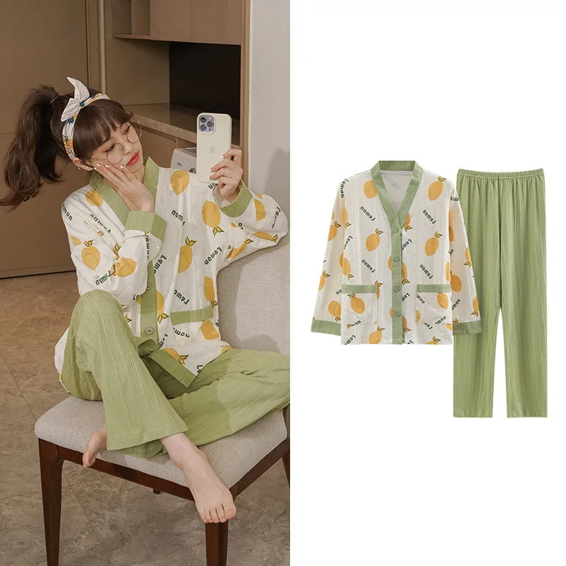 Women's Pajama Spring Autumn Long Sleeve Cardigan Trousers Set Simple Ladies Two-Piece Suit Plus Size Nightwear Home Clothes