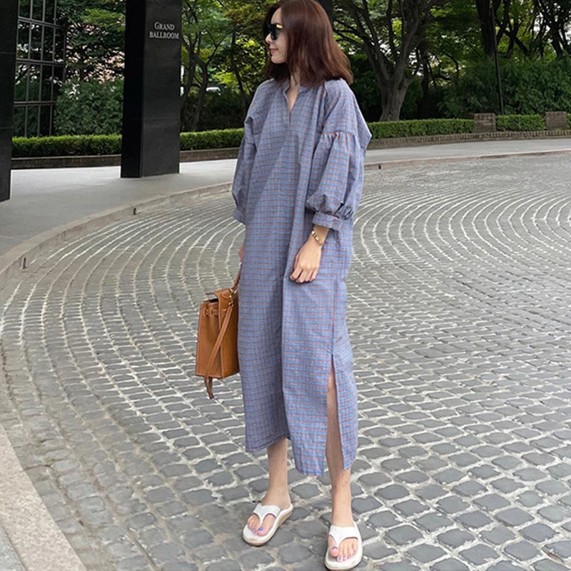 

Johnature 2022 Summer New Korean Lantern Sleeve Women Plaid Dresses Casual Stand Collar Loose Bandage Slits Dress