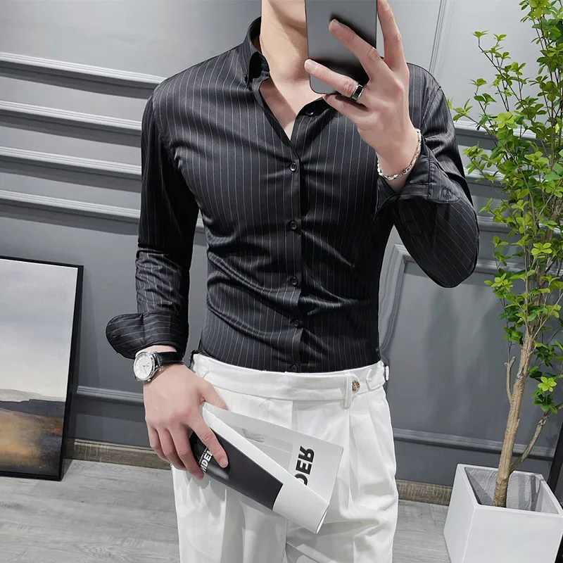 

New Men's Striped Shirt British Fashion Slim Fit Long-sleeved Camisas Social Business Casual Male Clothing Dress Shirts for Men