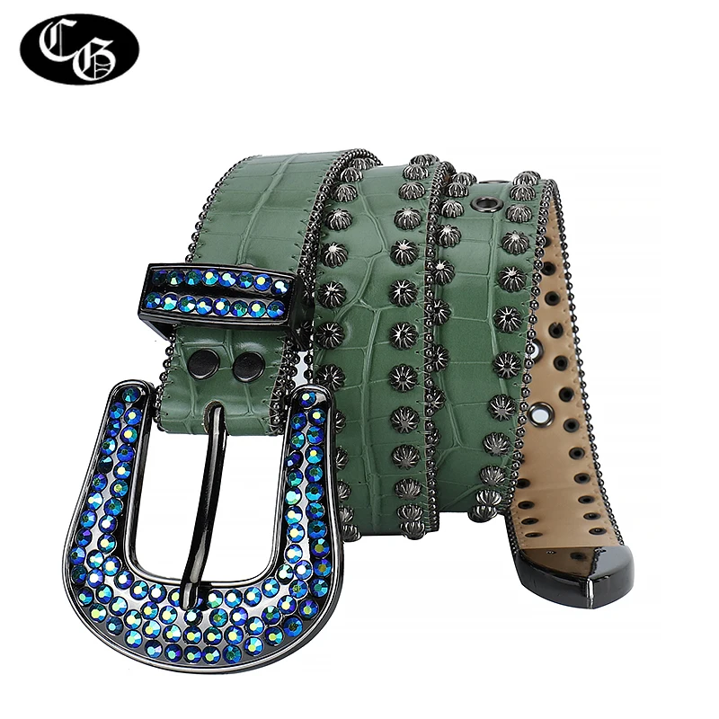 Vintage Y2k Rhinestone Belt for Men Harajuku Green Luxury Strap Crystal Studded Diamond Bling Women Waist Belts for Jeans