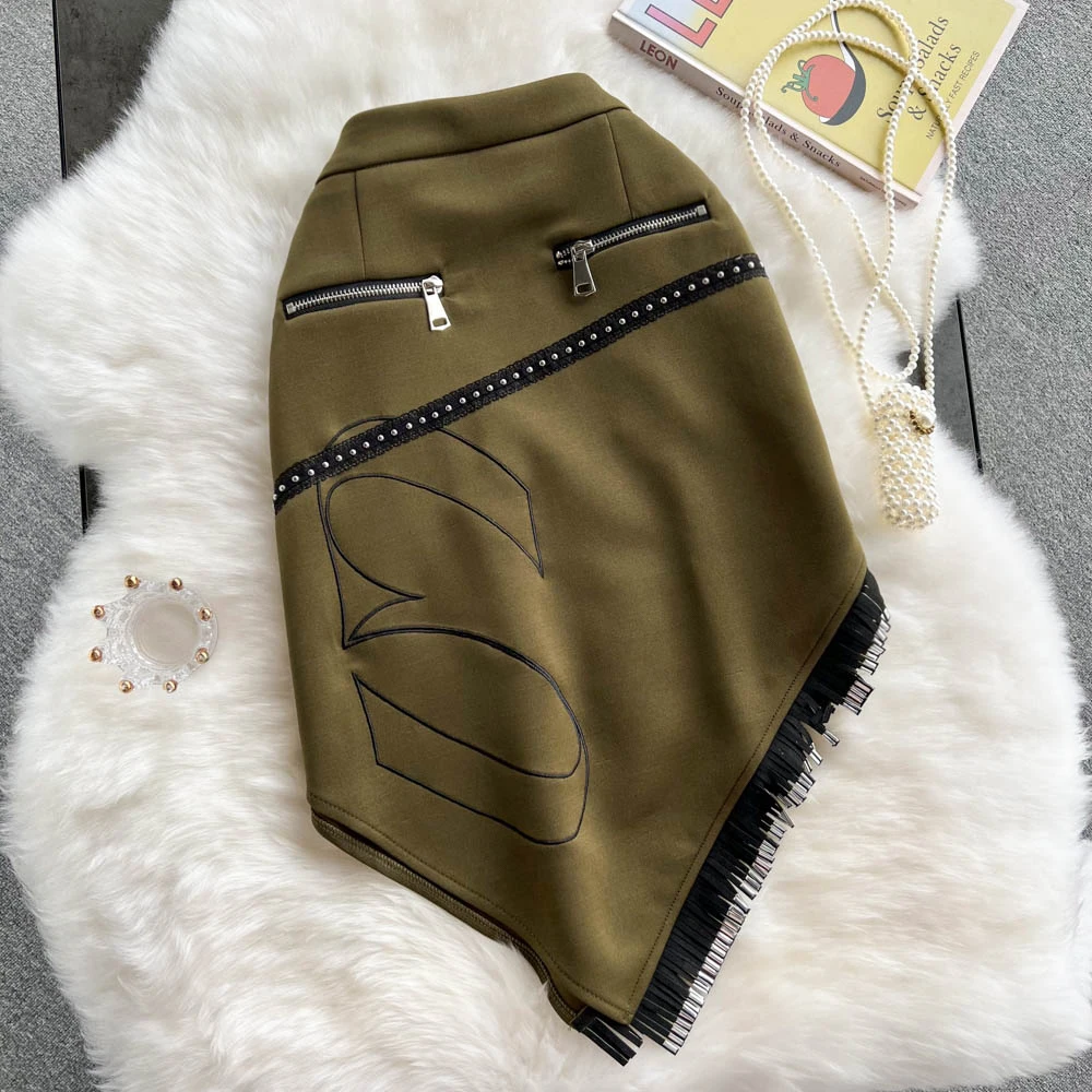 

French Chic Bust Skirt Tassel Zipper Vintage Skirts Women Irregular High Waist Mujer Faldas Green Female Clothes Dropshipping