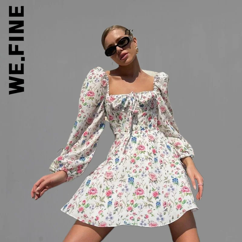 

We.Fine Women New Dress Floral Long Sleeve Ruched Print A Line Square Neck Tie up Mini Dress Robe Soft Woman Clothes Vestidos