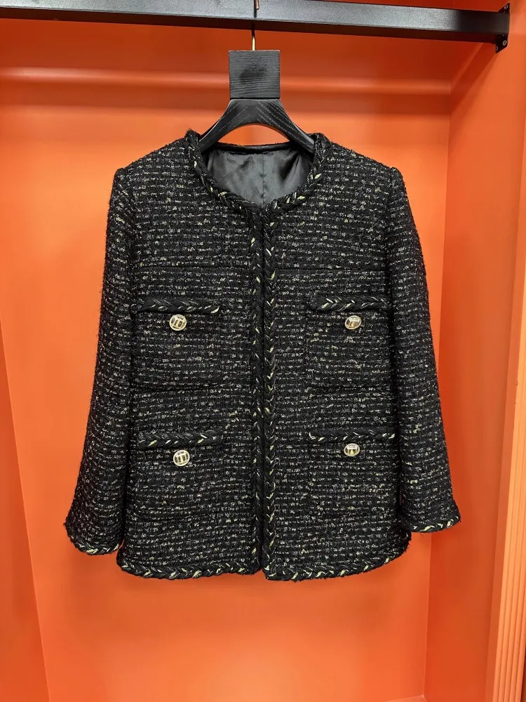 Винтажная женская весенне-осенняя твидовая куртка с круглым вырезом и карманами