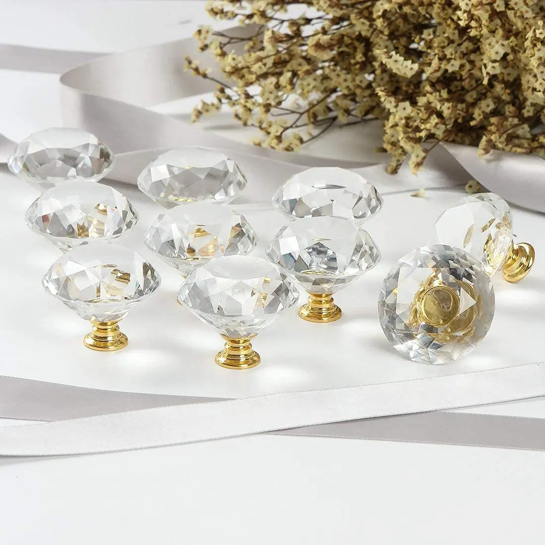 

Gold Glass Cabinet Knobs 10 pcs Crystal Drawer Pulls Clear 30 mm Diamond for Kitchen, Bathroom Cabinet, Dresser and Cupboard