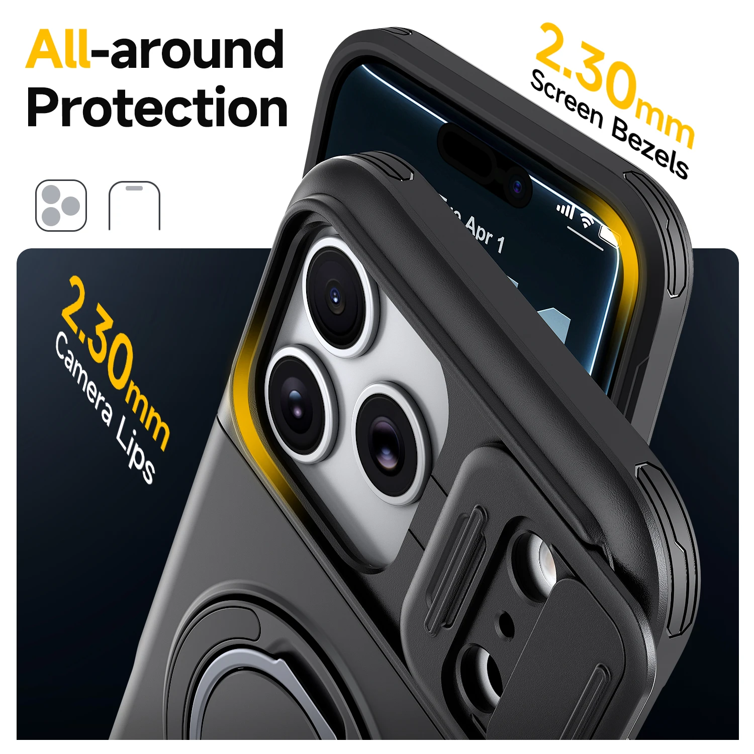 Фото Чехол для iPhone 11 12 13 14 15 16 Plus 17 Pro Max с защитой камеры, скрытым слотом для карт и металлическим кольцом-подставкой №3