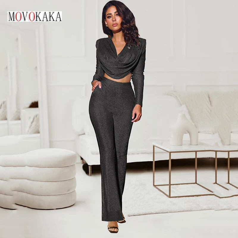 

MOVOKAKA Two Piece Sets Womens Outifits Sexy Bright Silk Bronzing Long Sleeve Tops And Flared Tracksuit Women Slim Women's Suit