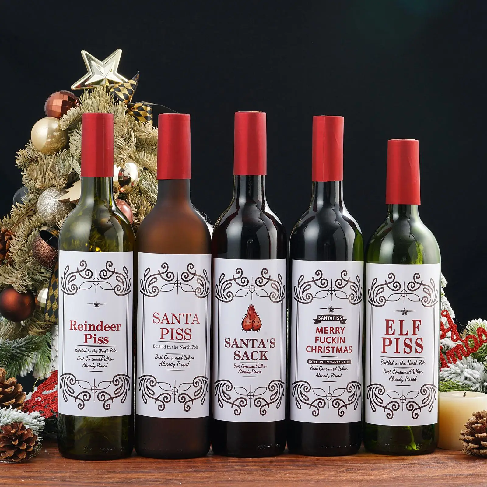 

5pcs Funny Christmas Novelty Bottle Label Self Adhesive Champagne Wine Bottle Label Stickers Decoration Funny Christmas Ornament