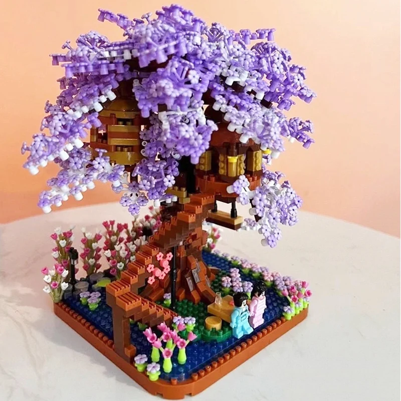 

Cherry Blossoms Tree House Building Blocks Japanese Street Purple Sakura Blocks Mini MOC Assembly Brick Friend Toys for Children