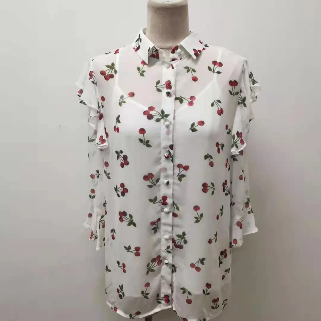 

Fashion Leisure Spring and Summer New Cherry Printed Ruffle Women's Shirt