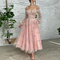 elegant flower pink prom dress 2022 charming a line pageant dresses with illusion long sleeve off shoulder evening gowns women