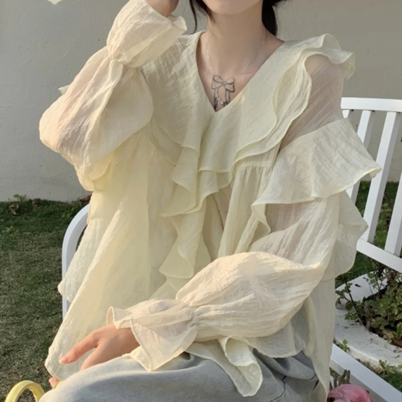 

Korean Fashion V Neck Ruffled Blouse Woman Autumn Loose Blouses for Women Long Puff Sleeve Solid Color Blusas Top Dropshipping