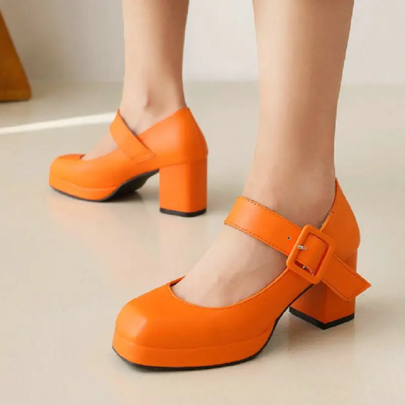 Plus Size 33-48 Shose Women 2022 Fashion Lady Square Heeled Pumps Orange Red Buckle Strap Lolita Mary Janes Platform Heels Shoes