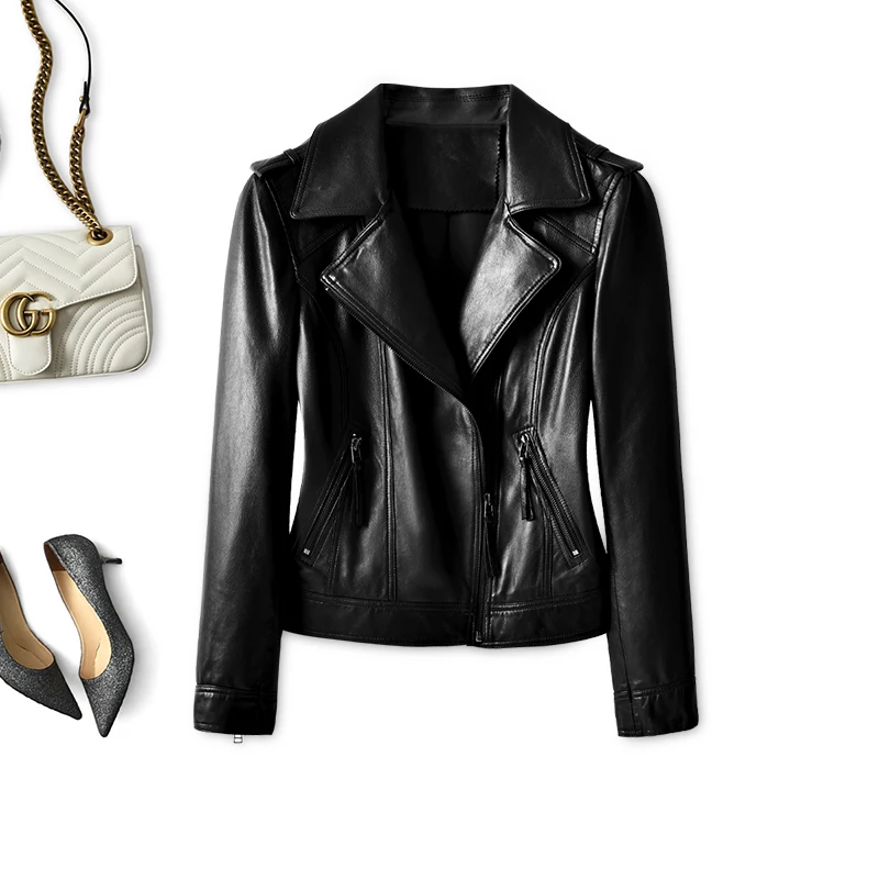 2022 New Fashion Designer Leather Jacket Women Sheepskin High Street Turn-down Collar Genuine Leather Jacket Women