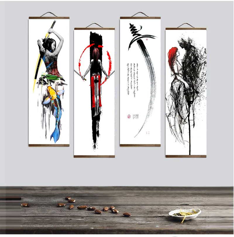 

Home Decoration Wall Art Simple Anime Japan Samurai Painting Solid Wood Hanging Scroll Canvas Print Modern Simple Picture Poster