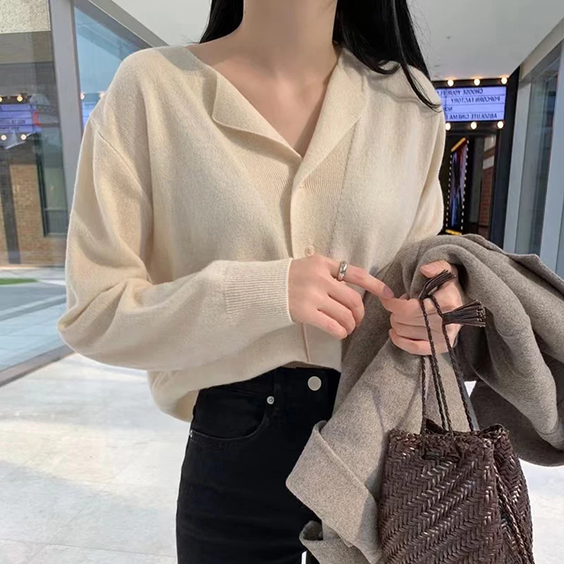 

For Cardigans V-neck Woolen Wool Tops Clothing Sweater Fashion Cardigan Female Lapel New 2023 Women Knit Knitwears Spring Korean