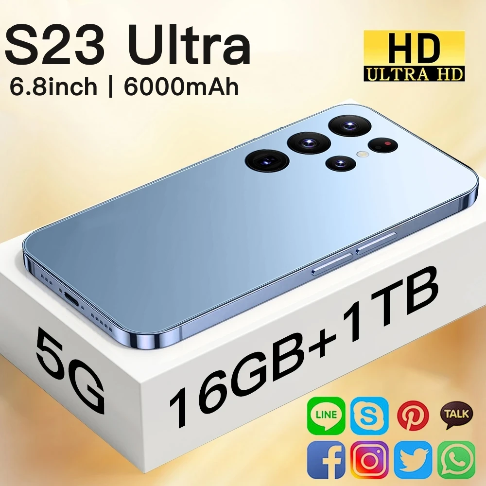 

Global Version 6.8Inch S23 Ultra 5G 4G Smart phone Unlocked Android13.0 Cellphones 6000mAh 16GB+1TB Mobile Phones+Free Gift