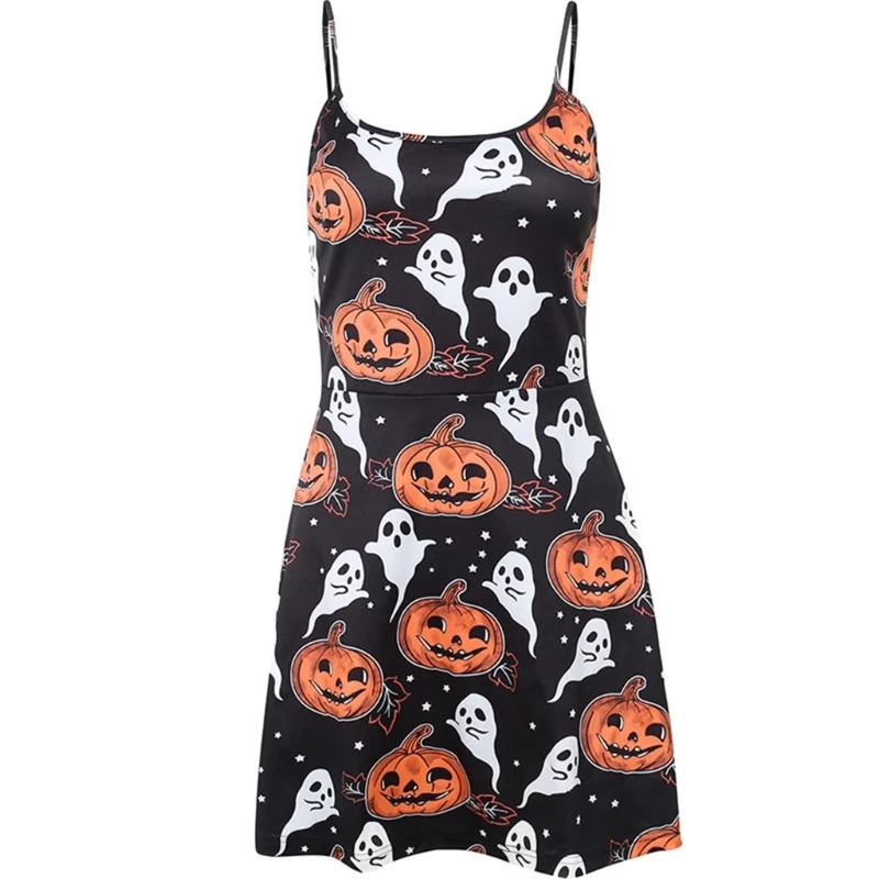 

Women Spaghetti Strap Scoop Neck A-Line Short Dress Halloween Dark Gothic Ghost Pumpkin Printed Holiday Sling Dresses